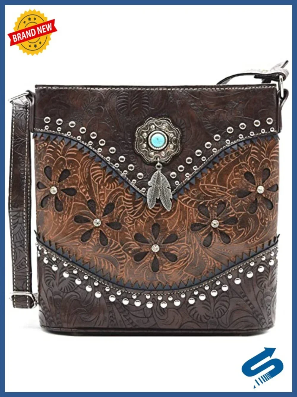 Vegan Leather Tooled Feather Crossbody Bag Clutch Purse